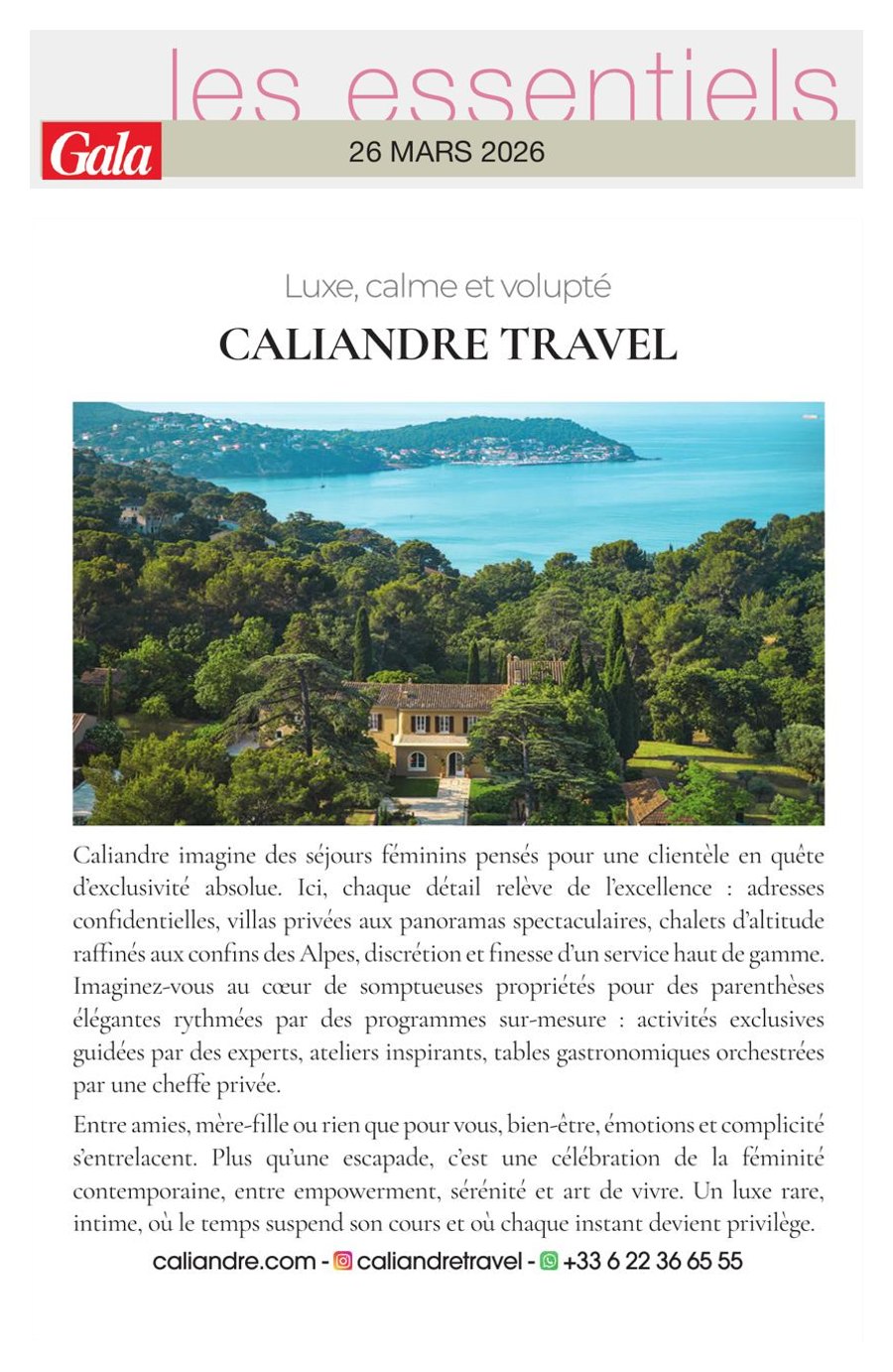 Gala, 26 March 2026: Caliandre Travel feature