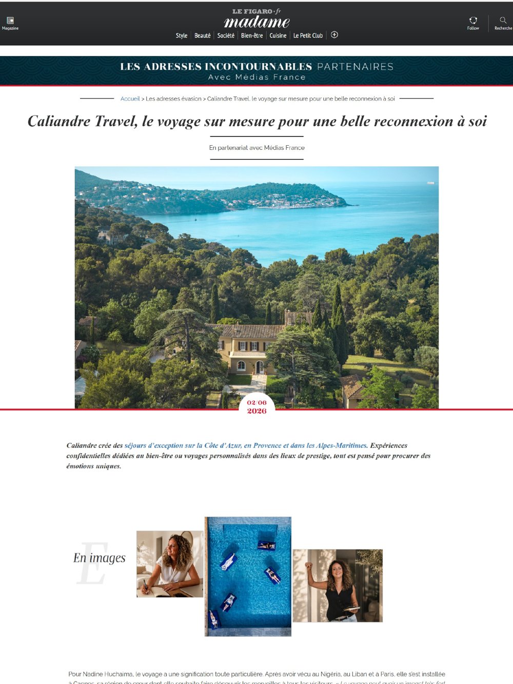 Madame Figaro article: Caliandre Travel, le voyage sur mesure pour une belle reconnexion à soi