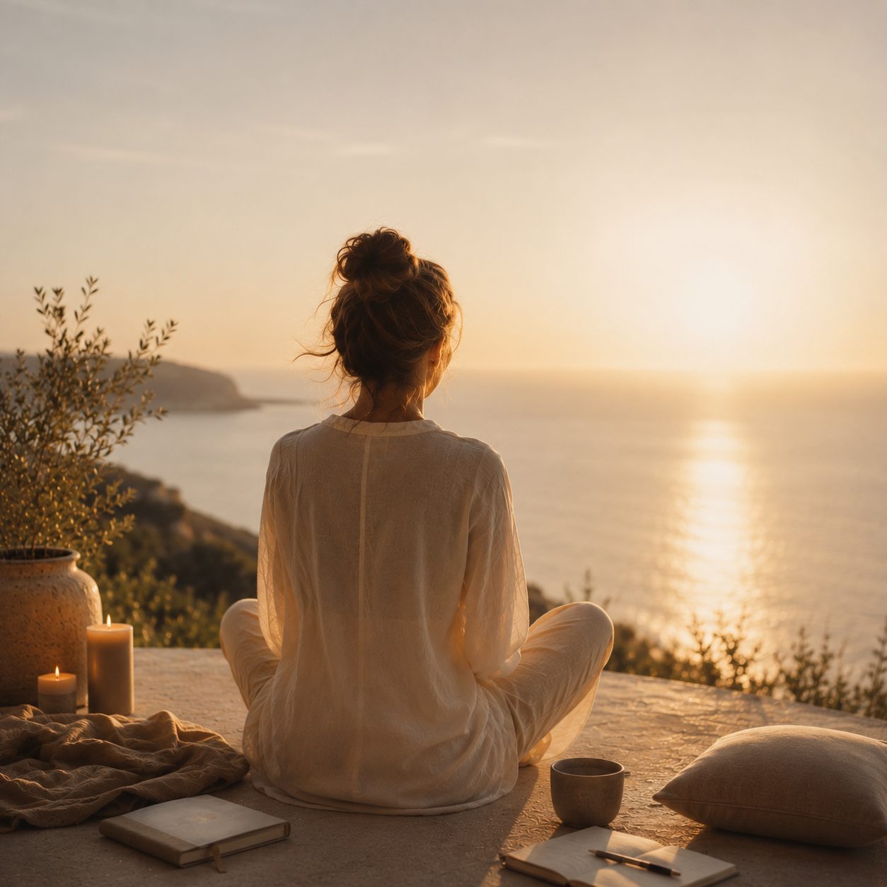 Woman meditating on a terrace facing the sea at sunset