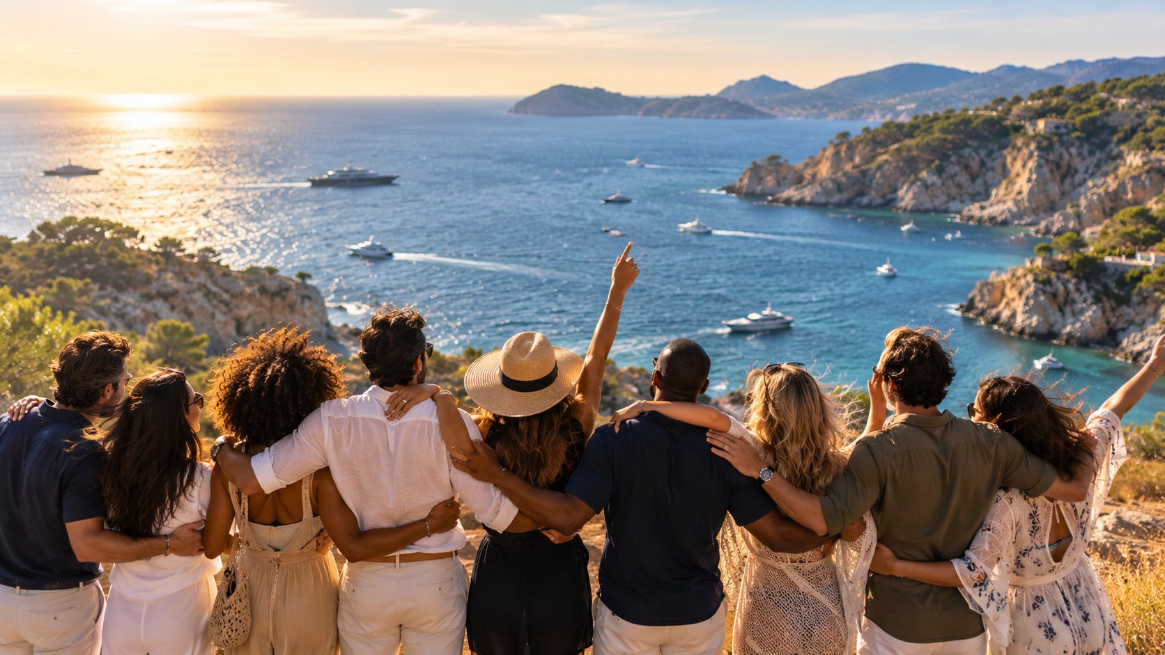 Team arm in arm looking out over the Riviera coast at sunset